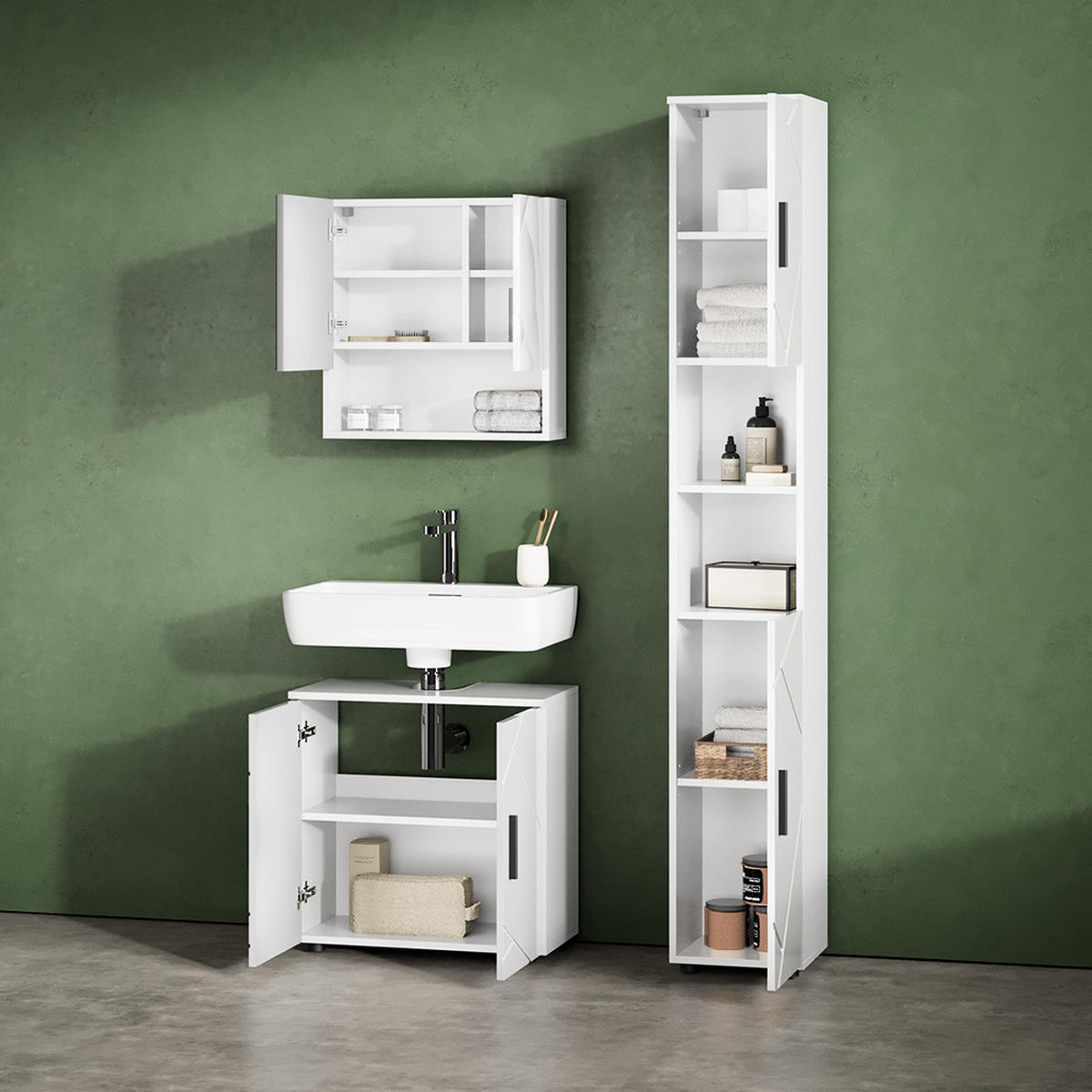 BADMÖBEL-SET Ronco Weiß Hochglanz 2 Teile, Unterschrank 60 cm - Weiß Hochglanz/Weiß, Holzwerkstoff (60/81/30cm) - Livinity®
