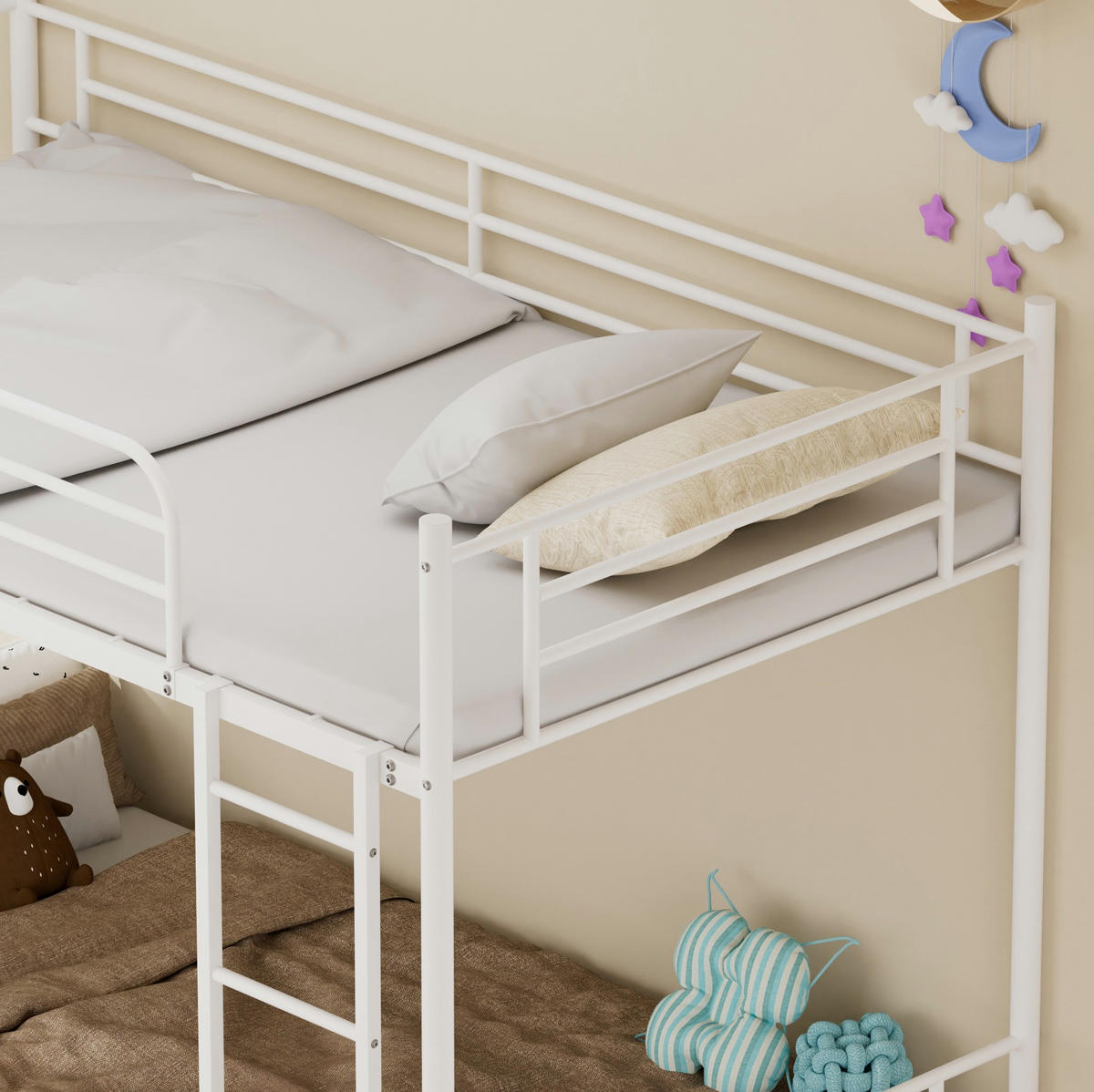 ETAGENBETT Stahl 90x190 cm Weiß mit Leiter und Absturzsicherung - Weiß, Metall (90/190cm) - Modfu