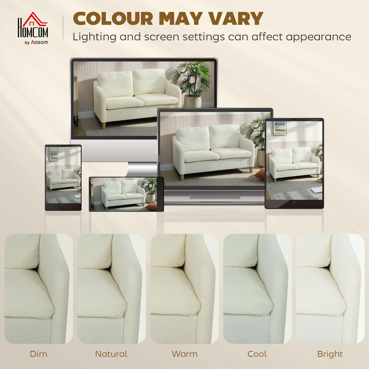 SOFA 2 Sitzer kleine 137 cm Couch mit Sherpa-Fleece-Optik Cremeweiß - Eukalyptusholzfarben/Creme, Holz/Textil (69/82/137cm) - HOMCOM