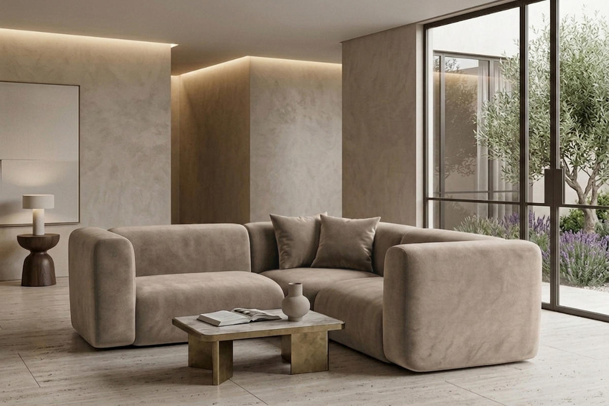 ECKSOFA Modulares, Corner Mini, Velvet-Stoff Bluvel, Latte, GRETA - Hellbraun, Holz (190/190cm) - Kaiser Möbel