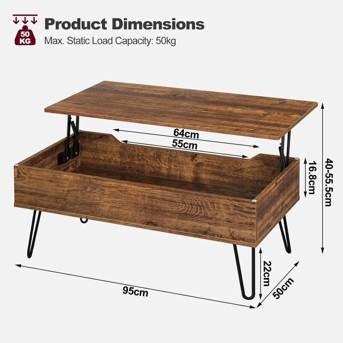 COUCHTISCH mit Stauraum, Metallbeine, Vintage-Holzoptik - Alteiche, Holzwerkstoff/Metall (50/95/40cm) - Woltu