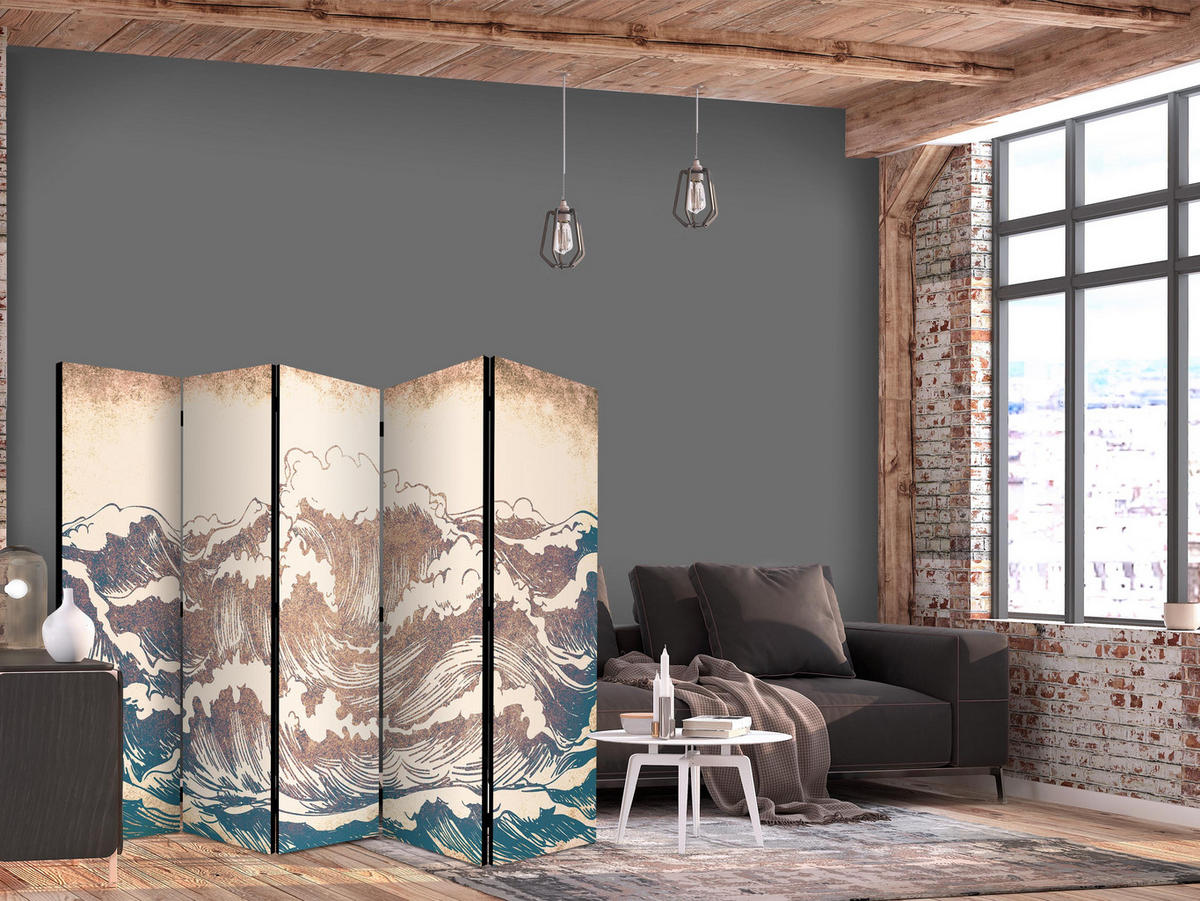 PARAVÁN Jednostranný 5-dielny 225x172 cm Oceánske Vlny Retro - béžová, drevo/textil (225/172/3cm) - Muralo