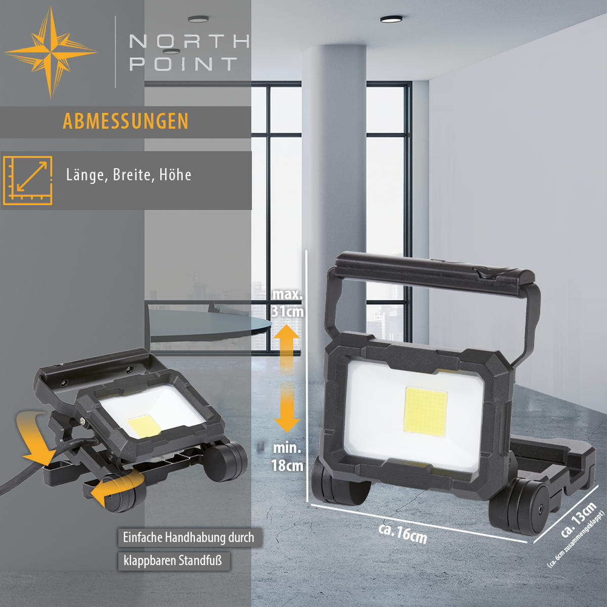 LED-ARBEITSSTRAHLER - 20W mit 2200 Lumen, IP65 spritzwassergeschützt und stabilem Standfuß, 3m Zuleitungskabel - Schwarz, Metall (6/16.4/17.7cm) - Northpoint