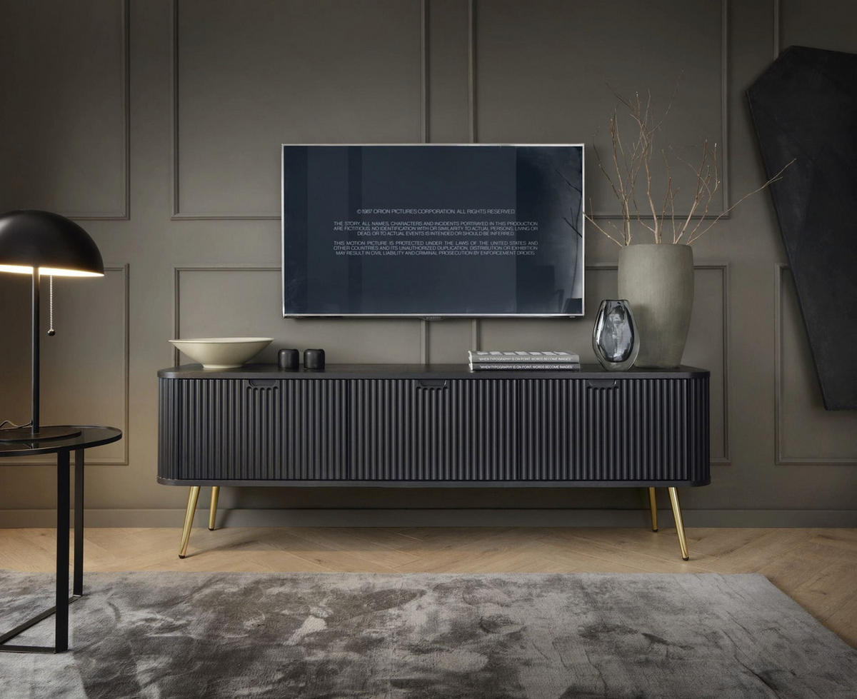TV stolík Zova čierny so zlatými nohami 168/56/39 cm - čierna/zlatá, kov/kompozitné drevo (168/56/39cm) - Selsey