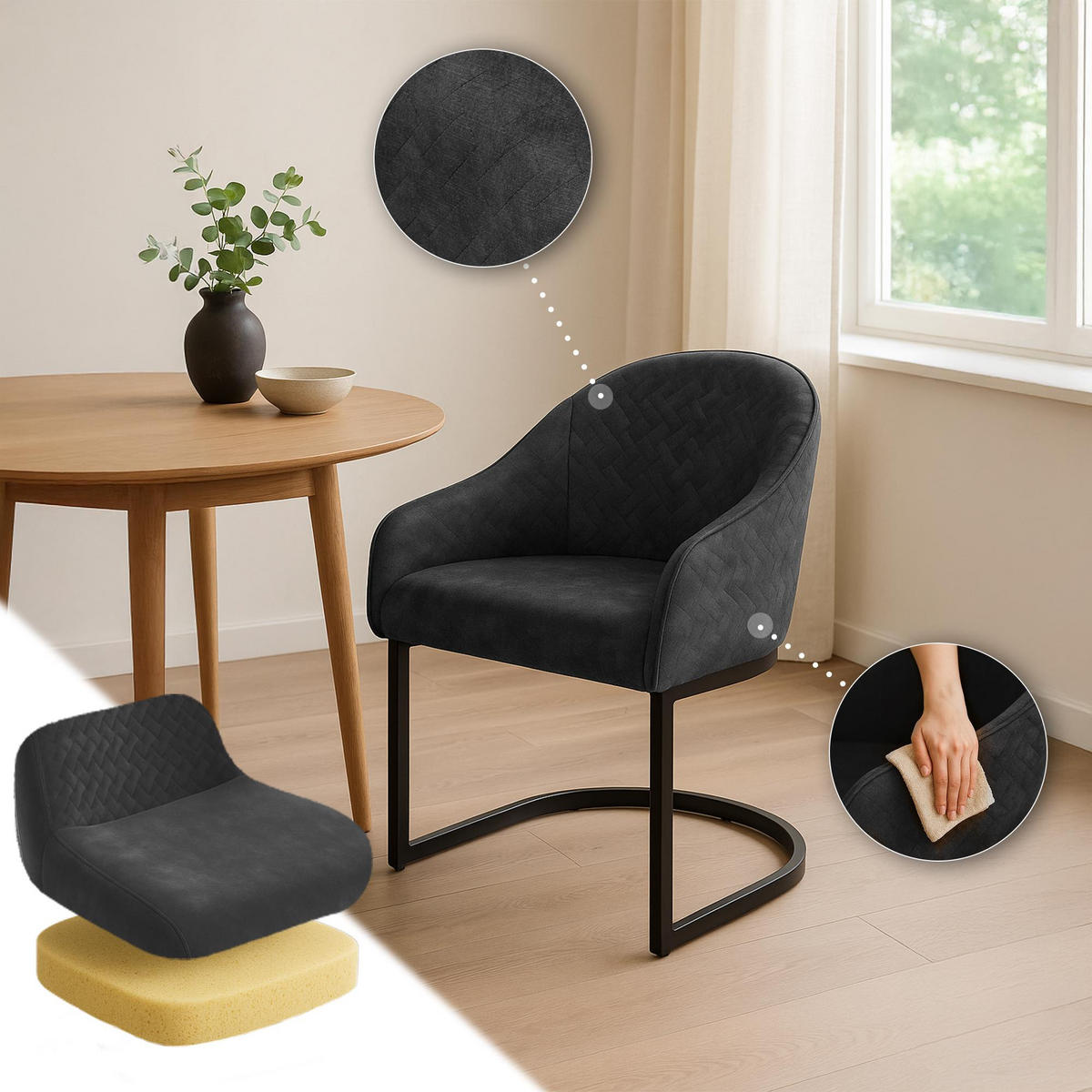 ESSZIMMERSTUHL Samt Dunkelgrau - Dunkelgrau/Schwarz, Textil/Metall (60/87/59cm) - CLP