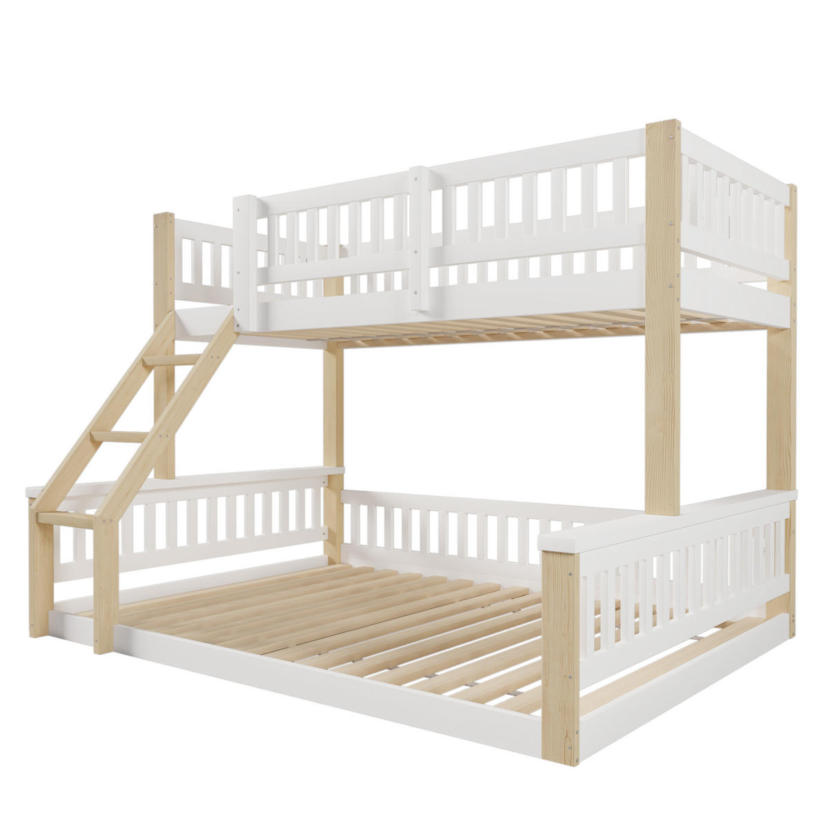 ETAGENBETT 90x200cm + 140x200cm Weiß + Natur Leiter Bettgitter - Multicolor, Holz (140/200cm) - FLIEKS
