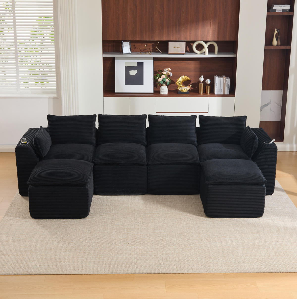 SOFA modular 4-Sitzer mit 2 Fußhockern 322 x 161 cm Cord Black - Schwarz, Kunststoff (161/75/256cm) - Meubliv