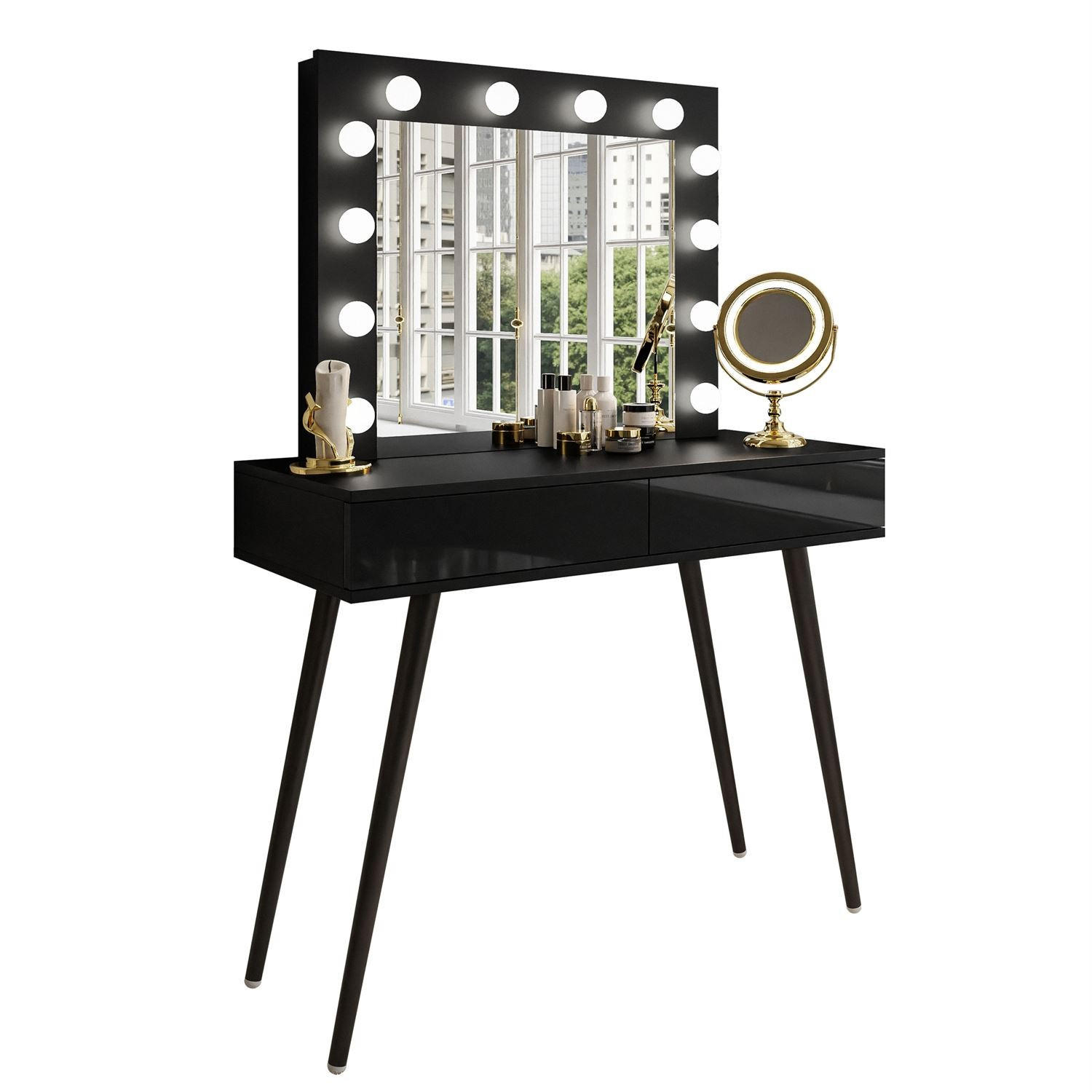 Schminktisch SIENNA LOFT mit Schubladen PUSH OPEN - Schwarz Hochglanz/Schwarz, Holzwerkstoff (100/81/42cm)