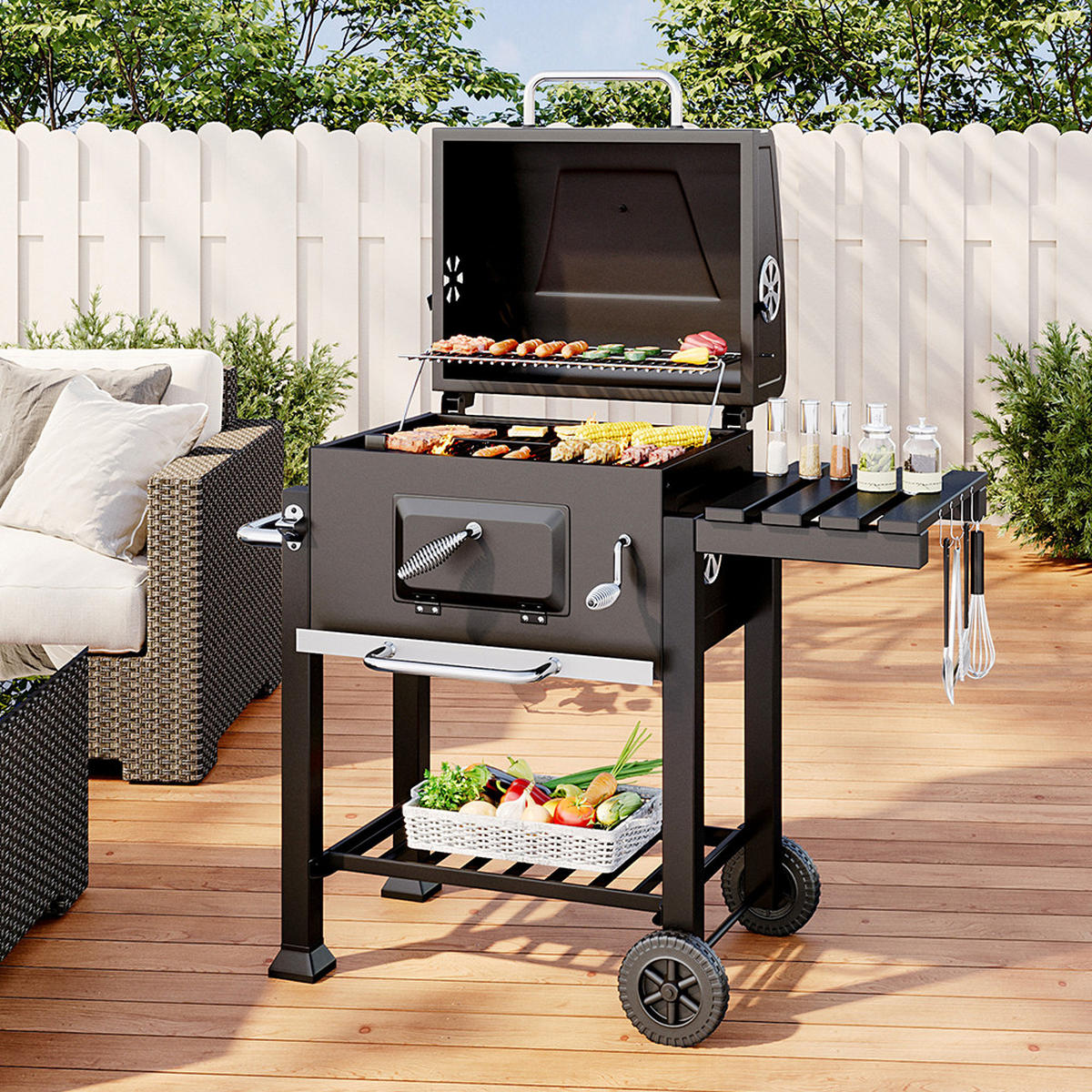 HOLZKOHLEGRILL mit 2 Edelstahl-Grillroste und Rollen aus Eisen in Schwarz pulverbeschichtet rostbeständig 78 x 54 x 32 cm - Schwarz, Metall (45/100/113cm) - Livingandhome