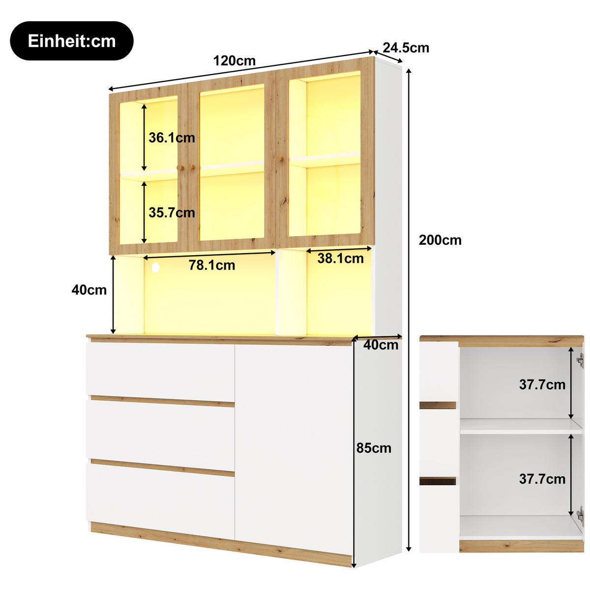VITRINE 120cm Weiß Eiche LED Hochschrank modern - Multicolor, Holzwerkstoff (120/200/40cm) - FLIEKS