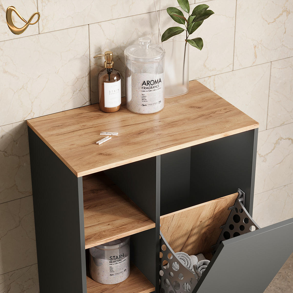 BADSCHRANK Paolina Anthrazit/Goldkraft Eiche 68 x 88.2 cm , mit offenen Regalen und Wäschekorb - Honigeiche/Anthrazit, Holzwerkstoff (68/88.2/40.5cm) - Livinity®