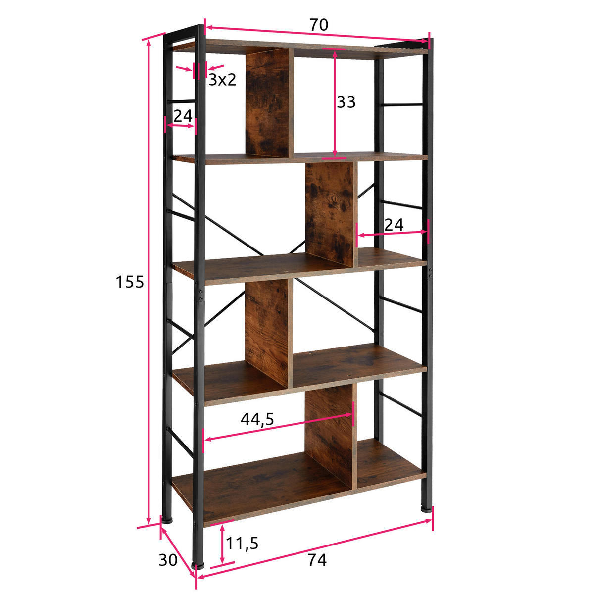 REGAL Charleston,inklusive Kippschutz, 75,5 x 30 x 155 cm,Industrial Holz dunkel, rustikal - Rostfarben, Holzwerkstoff (30/155/75.5cm) - tectake