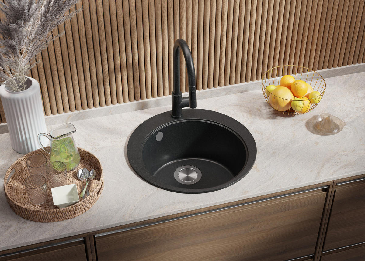 SPÜLBECKEN RUND Pisa, 2-er set Anthrazit 50/50 cm 1 Becken + Ablauf-Set + Schneidebrett ab 45er Unterschrank - Chromfarben/Anthrazit, Kunststoff (50/20/50cm) - Primagran