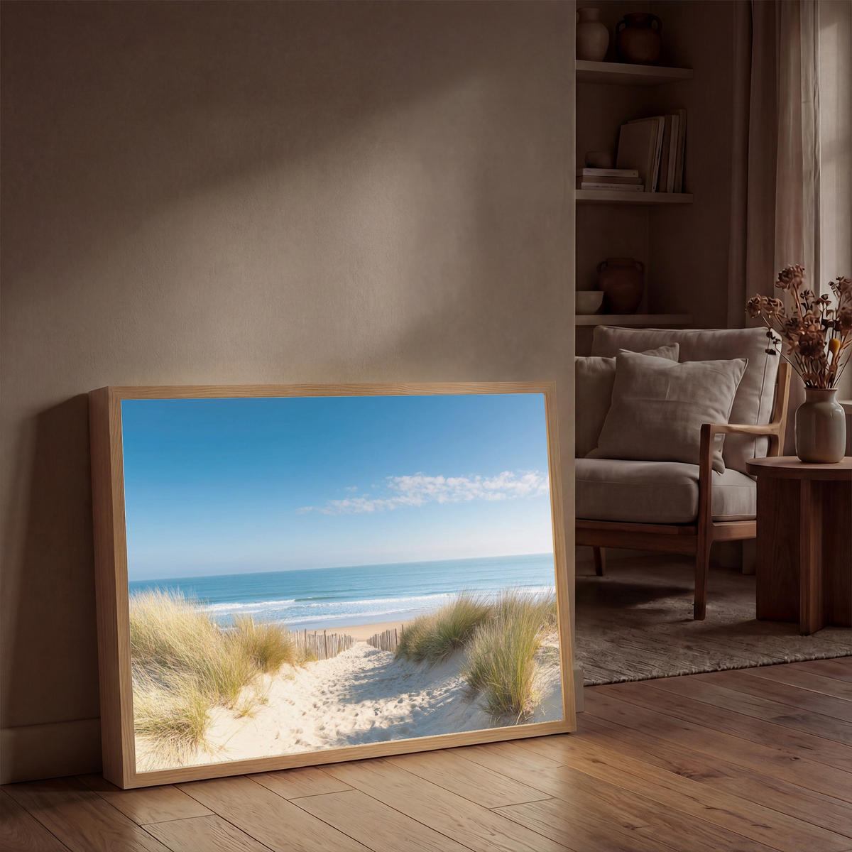 NÁSTĚNNÁ LAMPA S AKUMULÁTOREM Pláž - moře - duny - písek - léto 90x60 cm - písková barva, kompozitní dřevo (90/60/8cm) - OnlyWow