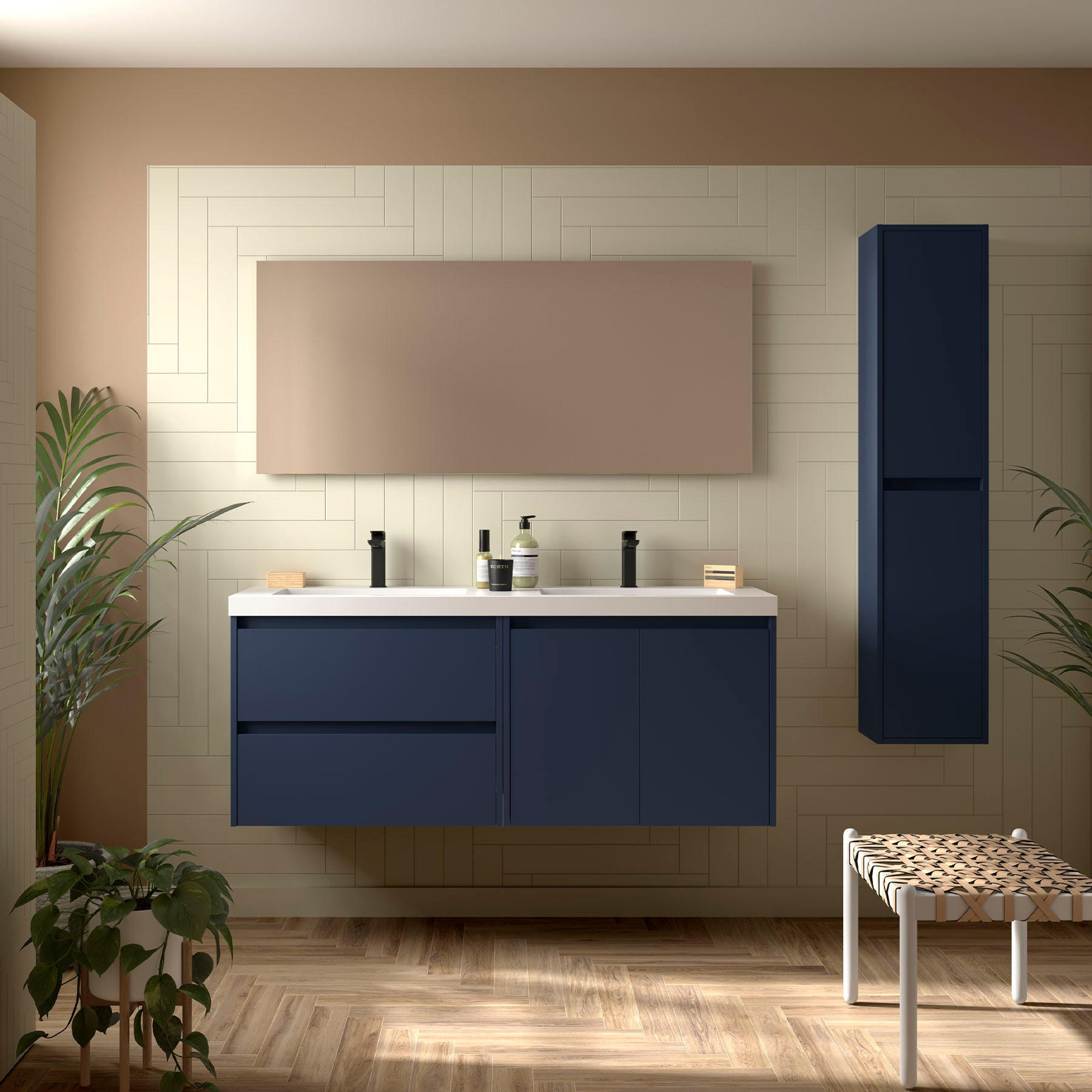BADEZIMMERMÖBEL NOJA 1400 2 Türen und 2 Schubladen BLUE SATIN + Waschtisch + Spiegel - Schwarz, Metall (45/54/140cm) - Salgar