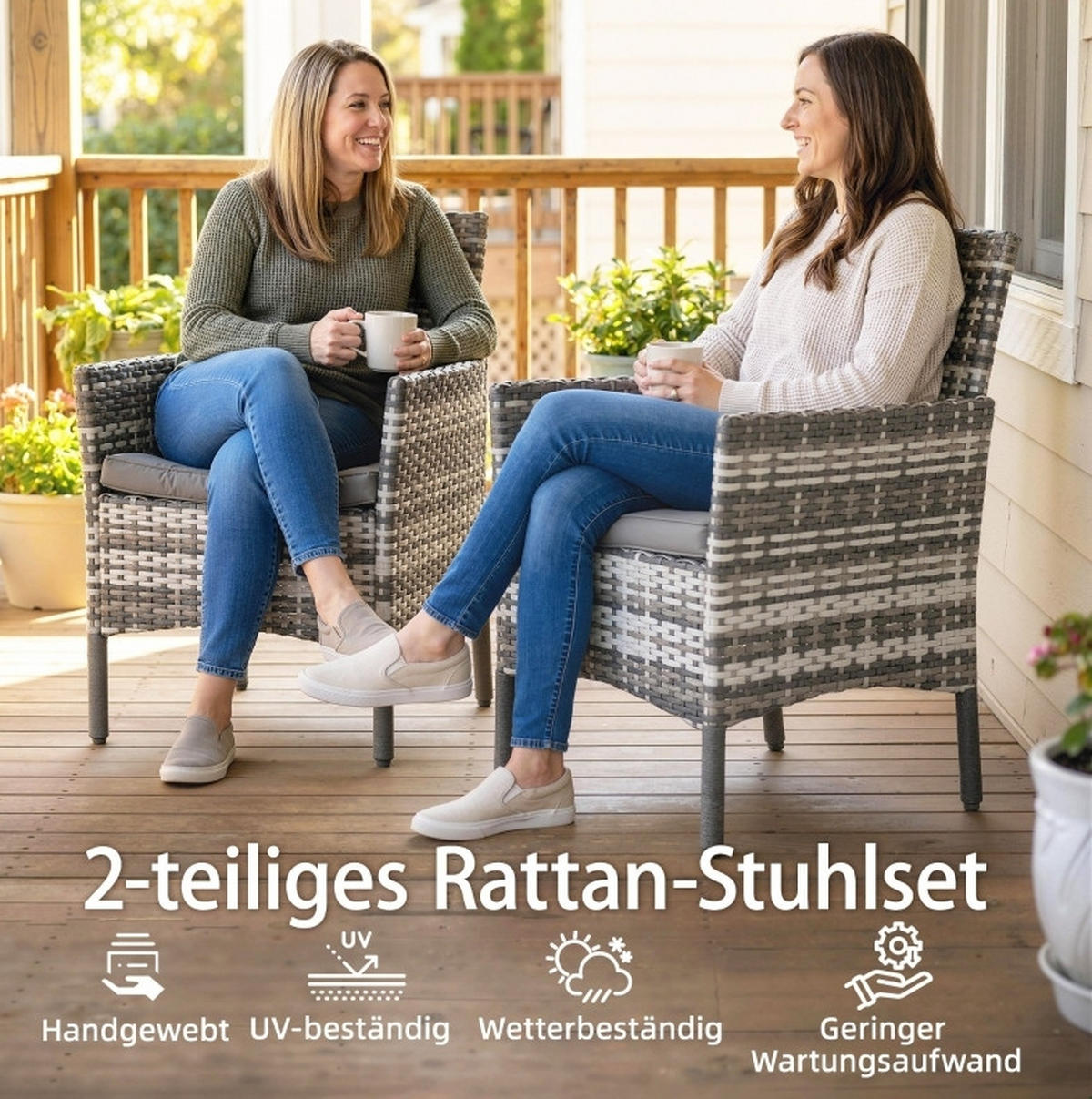 2ER Gartenstuhl-Set aus PE-Rattan 58x62x87 cm in Grau mit Kissen - Grau, Naturmaterialen (58/87/62cm) - Modfu