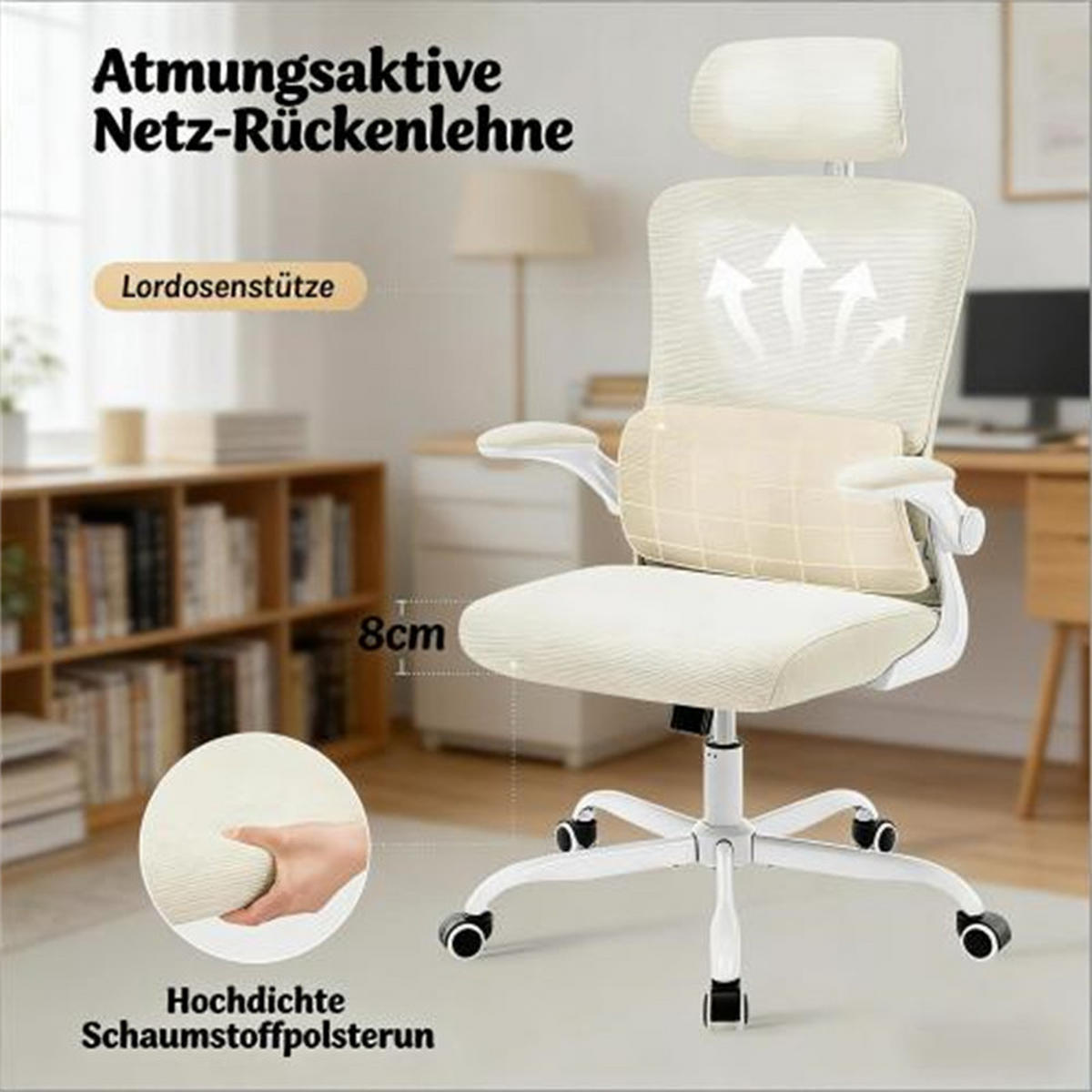 DREHSTUHL Ergonomisch Beige, Metall & Mesh, drehbar & rollbar, 67,5 x 62 x 123,5 cm - Weiß, Kunststoff (67.5/123.5/62cm) - Albatros