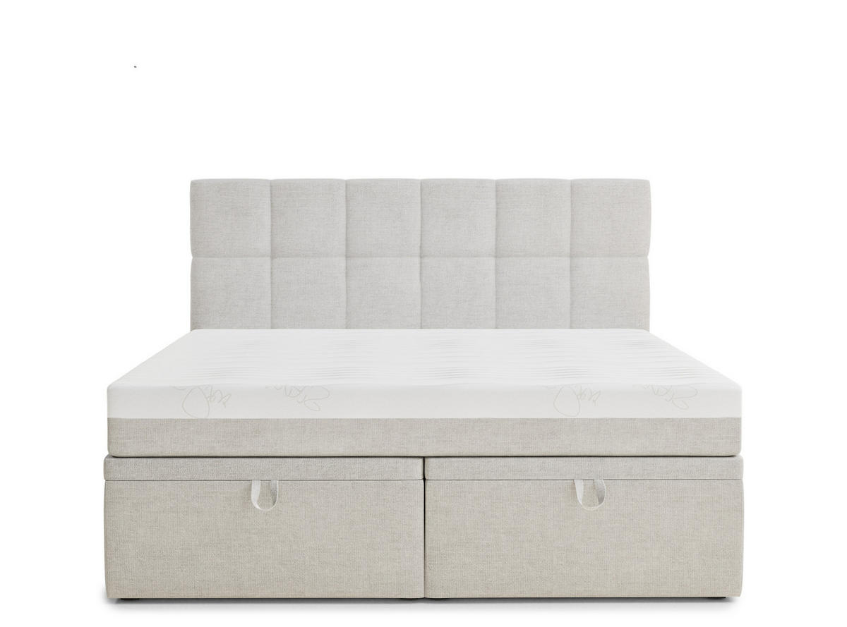 BOXBETT 180/200 cm Gotu M, in Hellbeige, Matratze, gepolstertes Kopfteil, Bettkasten, H3 = fest - Beige/Schwarz, Holz/Holzwerkstoff (180/200cm) - Maison de Reve