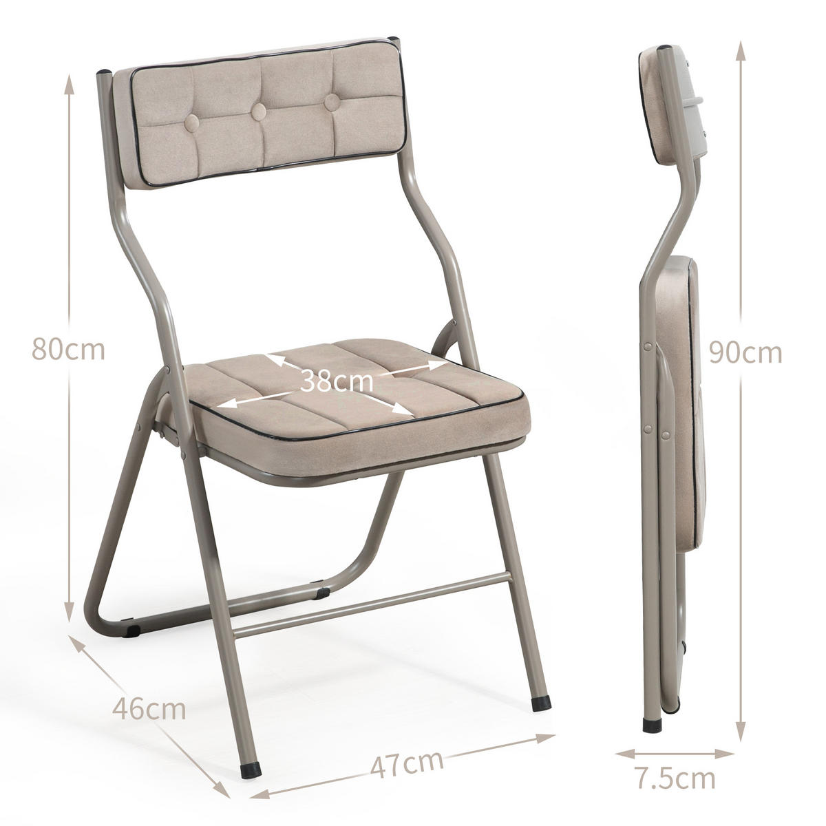 KLAPPSTUHL DE-36266 2er-Set mit gepolstertem Sitz Khaki - Sandfarben, Metall (47/80/46cm) - ComfortXL