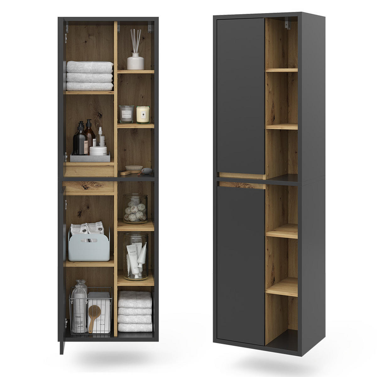 BADSCHRANK Viola Anthrazit 50 x 170 cm mit Türen, und offenen Fächern - Anthrazit, Holzwerkstoff (50/170/33cm) - Vicco