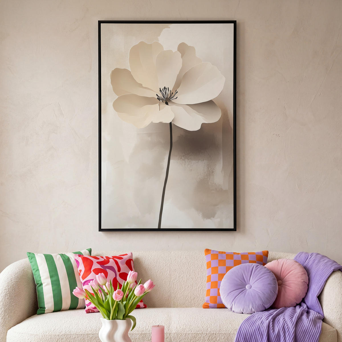 LEINWAND Bilder mit Rahmen - Blume - Beige - Farbe - Schatten - 80x120 - Creme, Textil (80/120cm) - MuchoWow