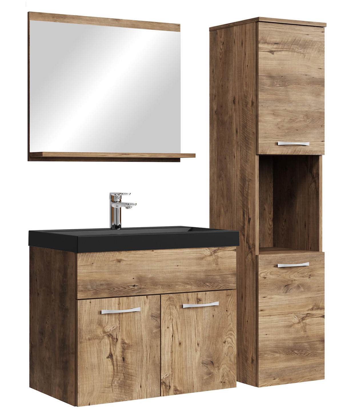 BADMÖBEL-SET Montreal 4 Teile Braun Eiche - Schwarze Waschbecken - 60 x 35 x 51 cm - Eichefarben/Schwarz, Holz (60/51/35cm) - Badplaats