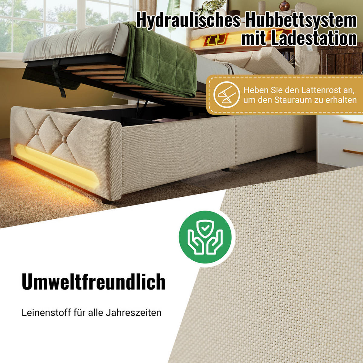 POLSTERBETT 160x200cm Doppelbett USB-C 360° LED Beleuchtung Stauraum Beige - Beige, Holz - FLIEKS