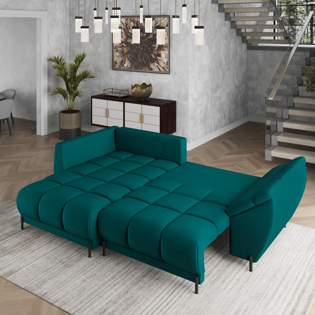 ECKSOFA VESTANO L-S Blau Velours-Stoff mit Schlaffunktion - Blau, Holz (287/182cm) - MASSENO