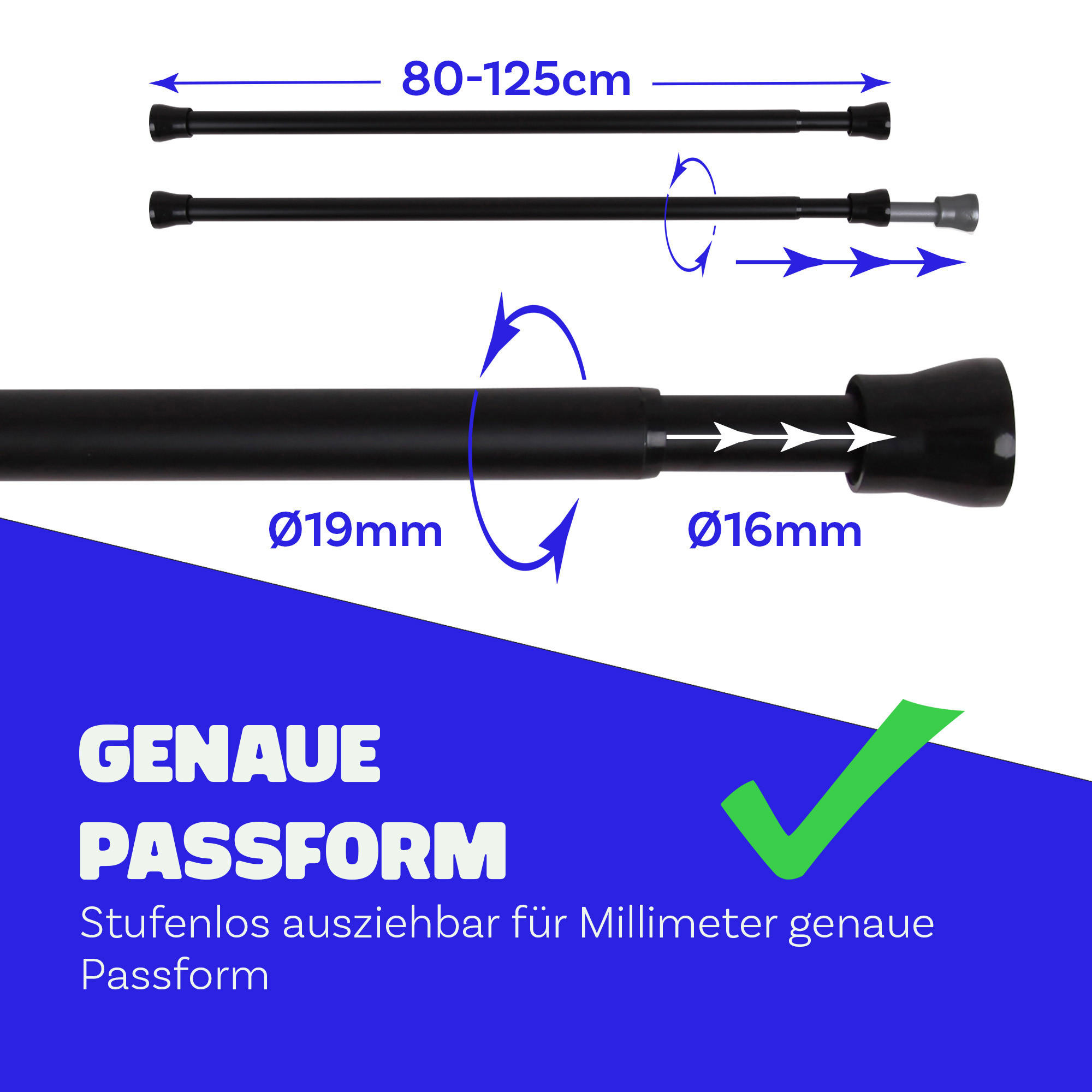 VERSTELLBARE Vorhangstange - Spannstange zum Klemmen Schwarz Ø16/19 mm 80-125 cm - Schwarz, Metall (80cm) - Bestlivings