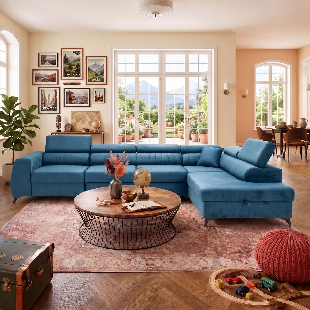 ECKSOFA PIERO MAXI Rechts mit Schlaffunktion 195x125 Velours Blau - Blau/Schwarz, Holz/Textil (203/350cm) - Muffo