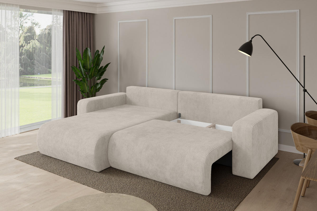 ROHOVÁ SEDAČKA s funkcí spaní, otoman vlevo BERY-L 276x193x88 krémová manšestr - černá/krémová, kompozitní dřevo/textil (276/193cm) - ALTDECOR