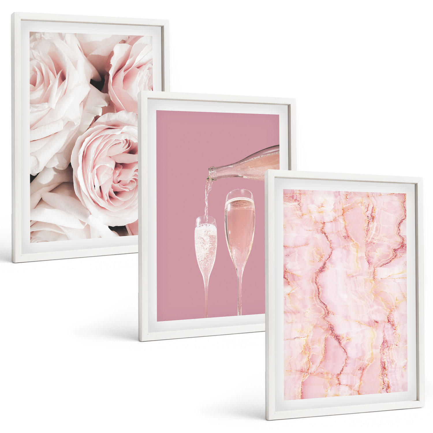 BILDER SET 3er Set - 40x60 cm Weißer Rahmen - Champagnerfarbene Rosen, Marmorhintergrund - Weiß, Kunststoff (40/60cm) - TULUP
