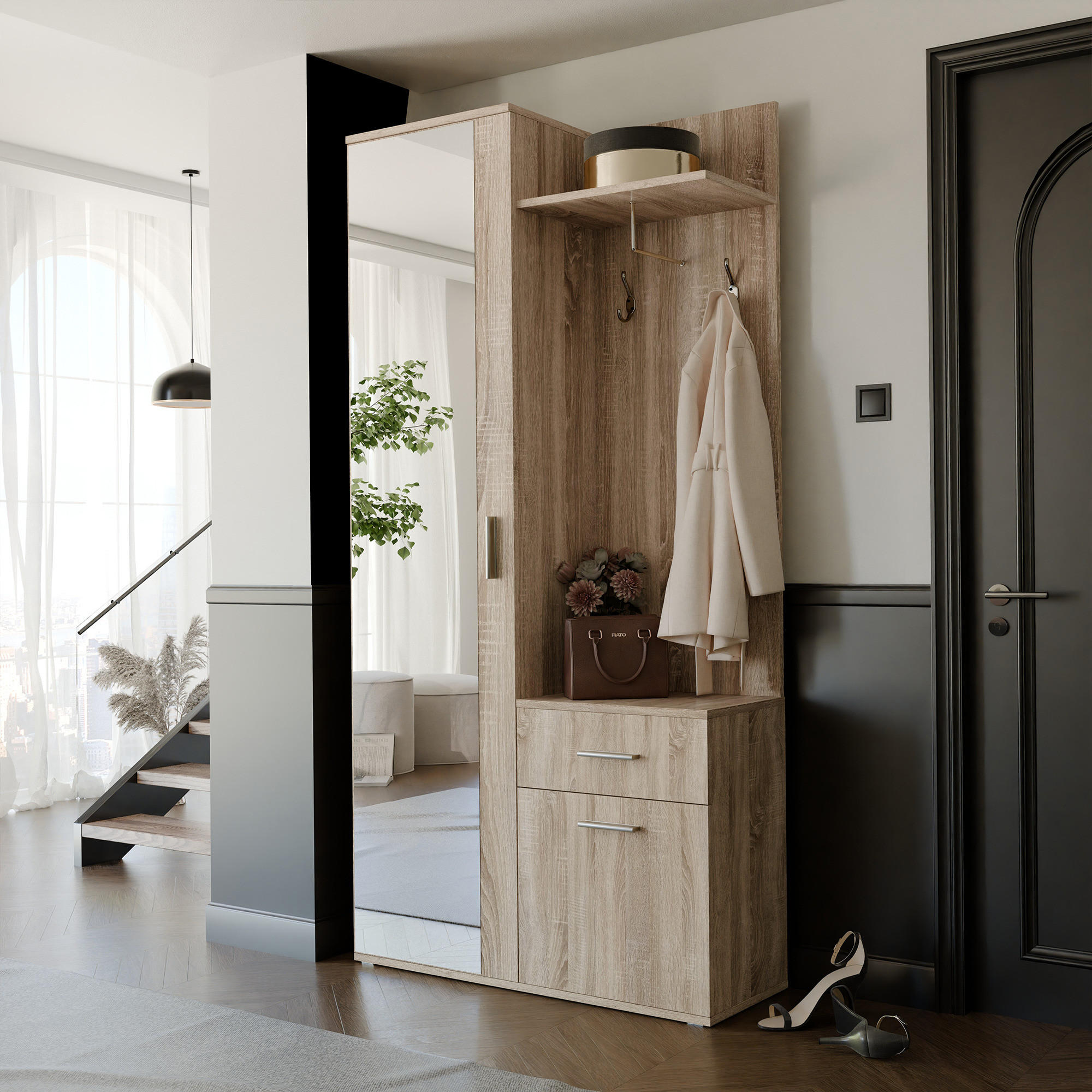 GARDEROBENSCHRANK mit Spiegel-mit Ablagen und Kleiderstange - Graubraun/Braun, Holzwerkstoff (97/195/30cm) - Idohome