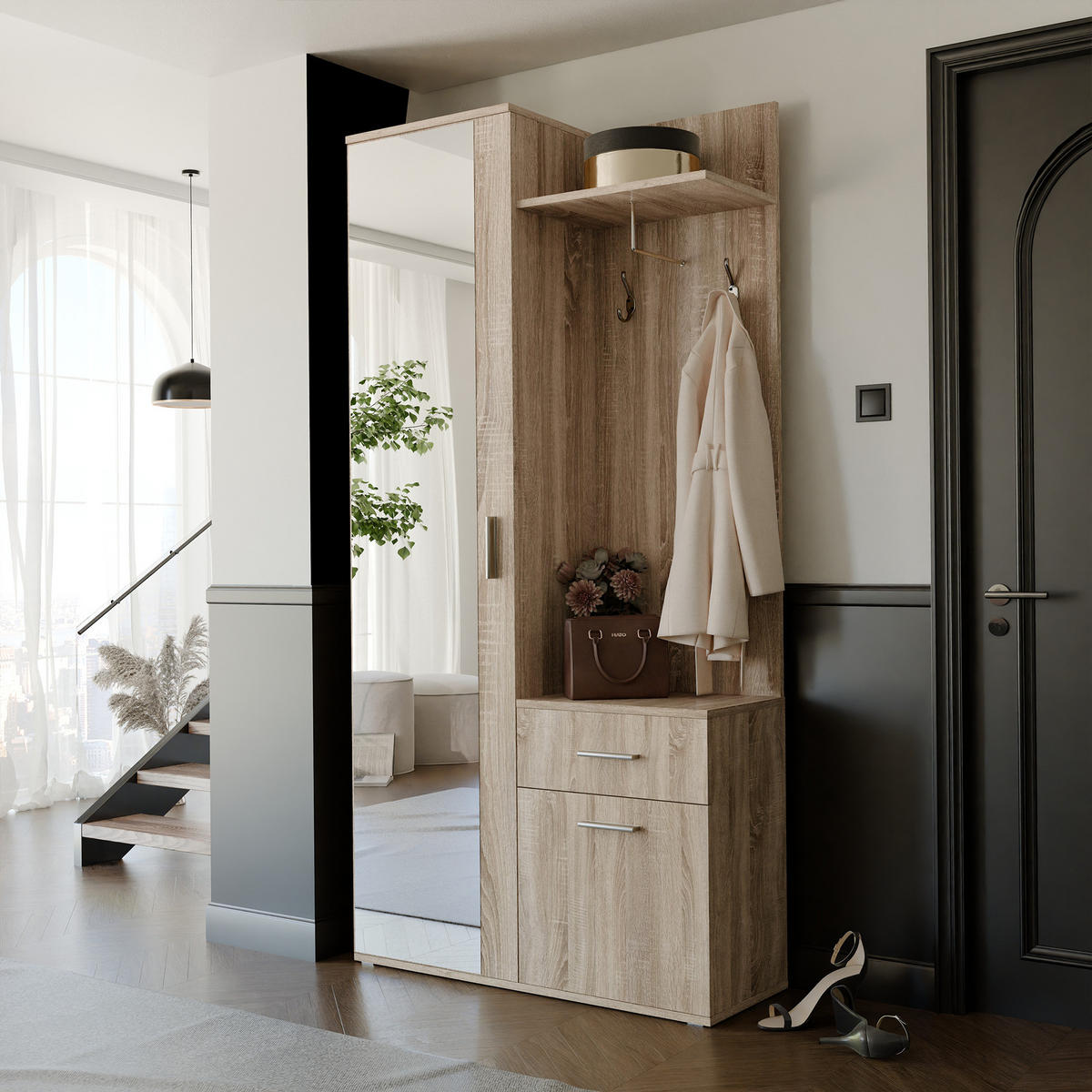 GARDEROBENSCHRANK mit Spiegel-mit Ablagen und Kleiderstange - Graubraun/Braun, Holzwerkstoff (97/195/30cm) - Idohome