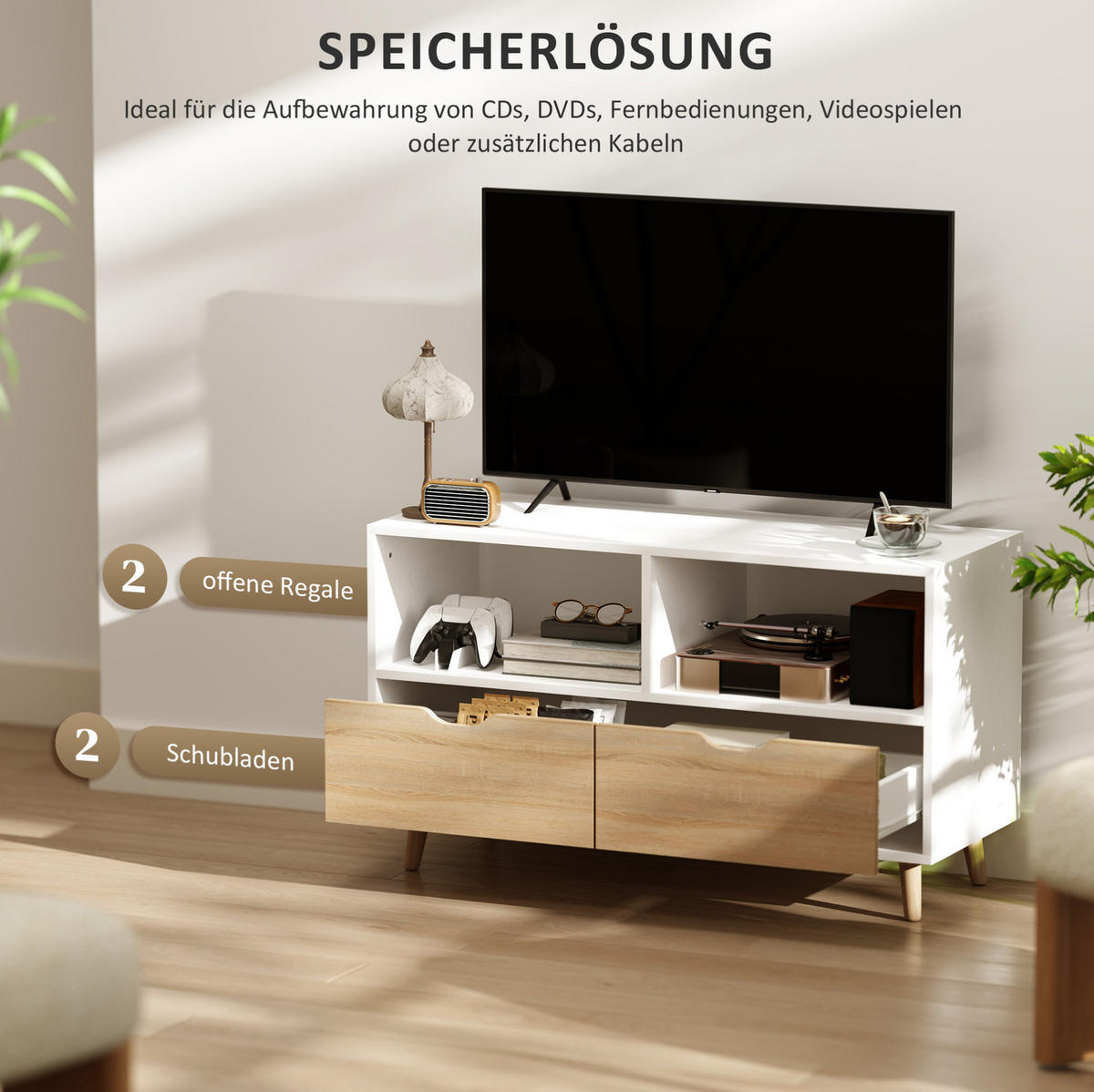 TV-LOWBOARD 99/39/58 cm weiß aus Holz mit 2 Schubladen - Weiß, Holzwerkstoff (99/58.3/39cm) - OKWISH