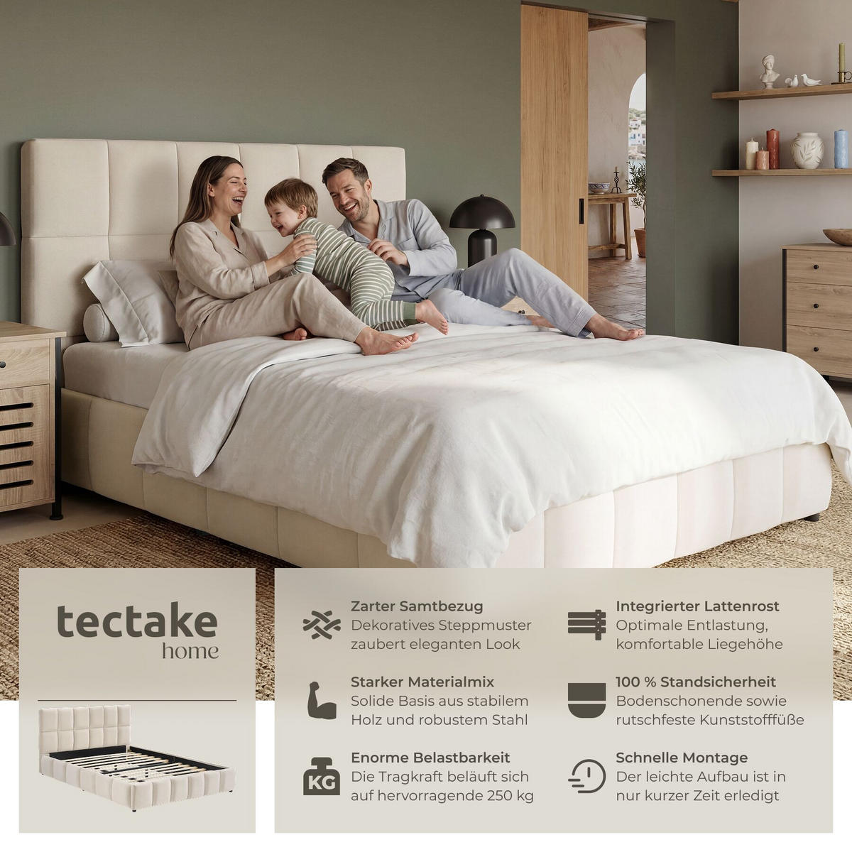 POLSTERBETT Shirley, Belastbarkeit 250 kg, Samtoptik sand - Gelb/Samtahornfarben, Holz (180/200cm) - tectake