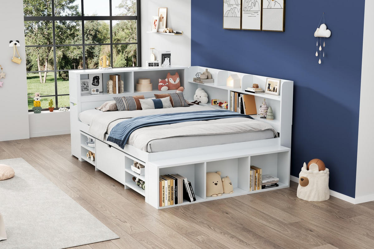 KINDERBETT 140x200cm Weiß Mit Schubladen Bücherregal & Schrank - Weiß, Holzwerkstoff (140/200cm) - FLIEKS