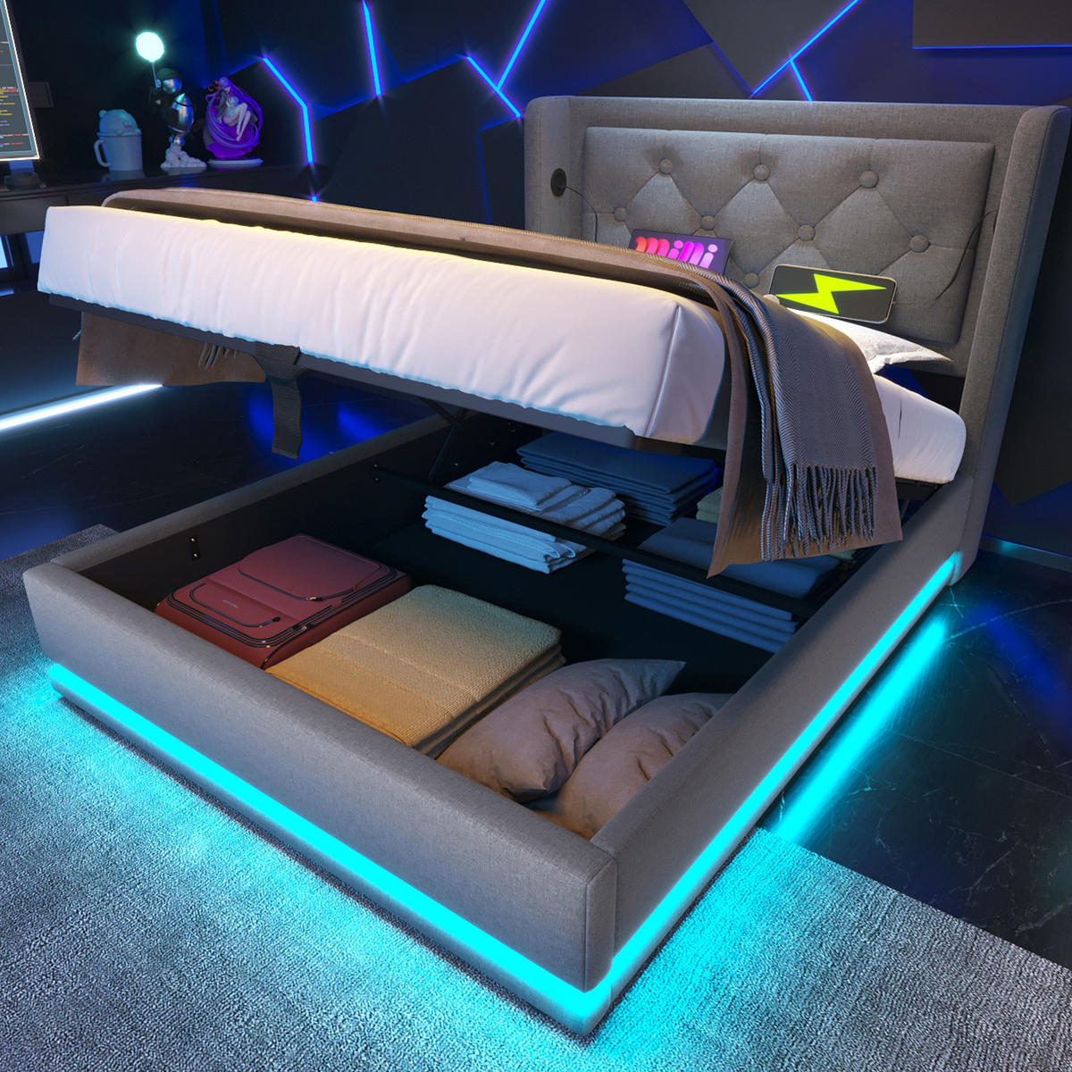 POLSTERBETT 90/200 cm Grau aus Baumwolle mit Stauraum, LED und USB-/Type-C - Grau, Textil (90/200cm) - Flora Grace