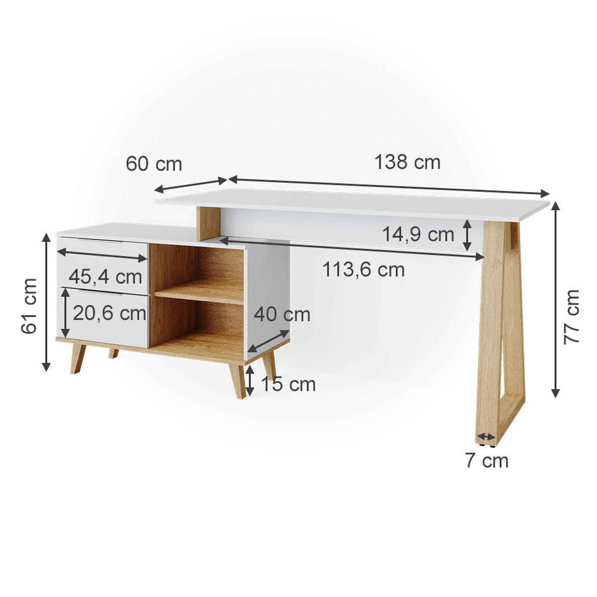 SCHREIBTISCH Nautica Weiß 138 x 60 cm mit Schubladen XL - Eichefarben/Weiß, Holzwerkstoff (60/138/77cm) - Vicco