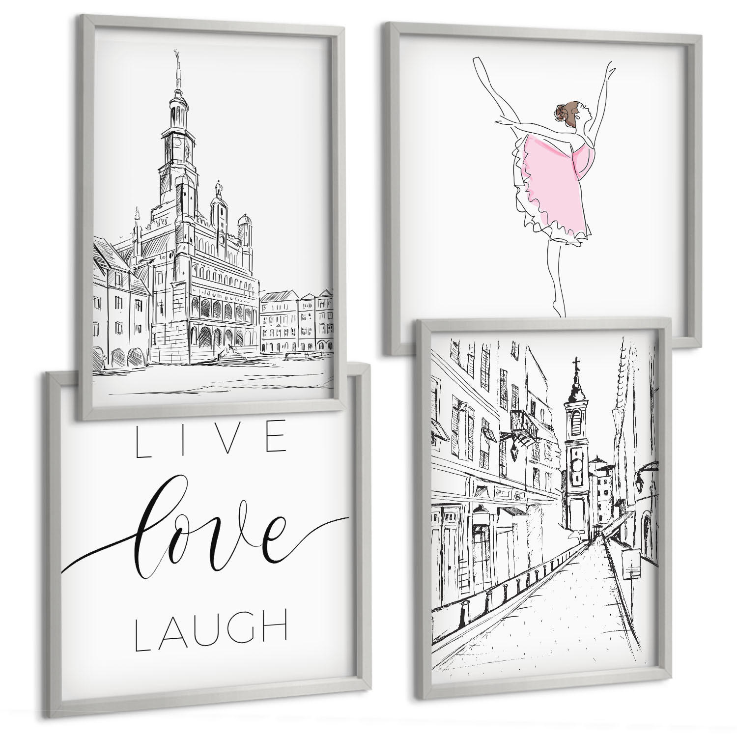 BILDER SET 4er Set - 50x50 cm & 40x60 cm Silberner Rahmen - Stilvolle Grafik, Ballerina-Architektur - Silberfarben, Kunststoff (50/50cm) - TULUP