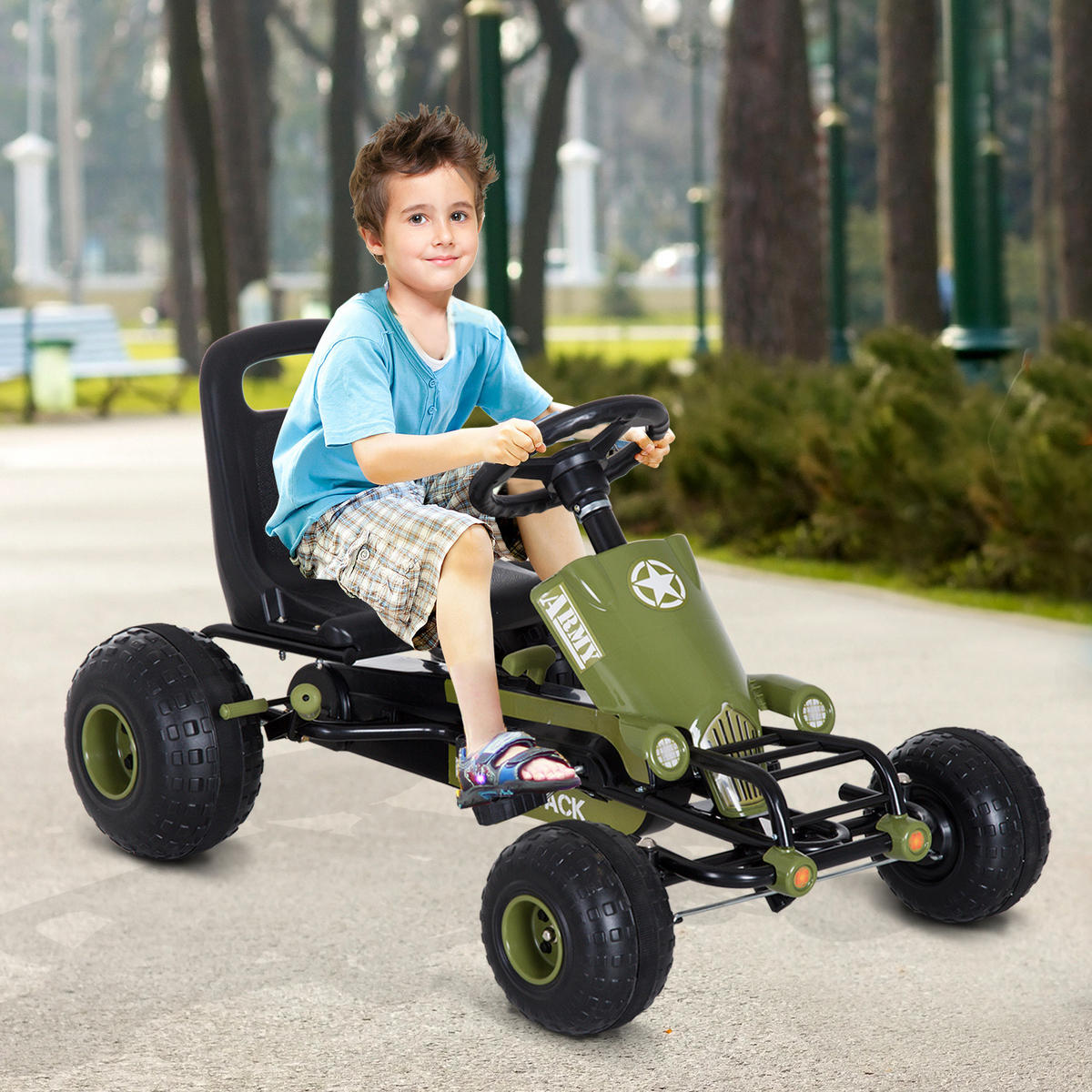 KINDER GO KART TRETAUTO, L105 x B54 x H61cm/L99 x B65 x H56cm, Grün - Grün, Metall (99/65/56cm) - HOMCOM