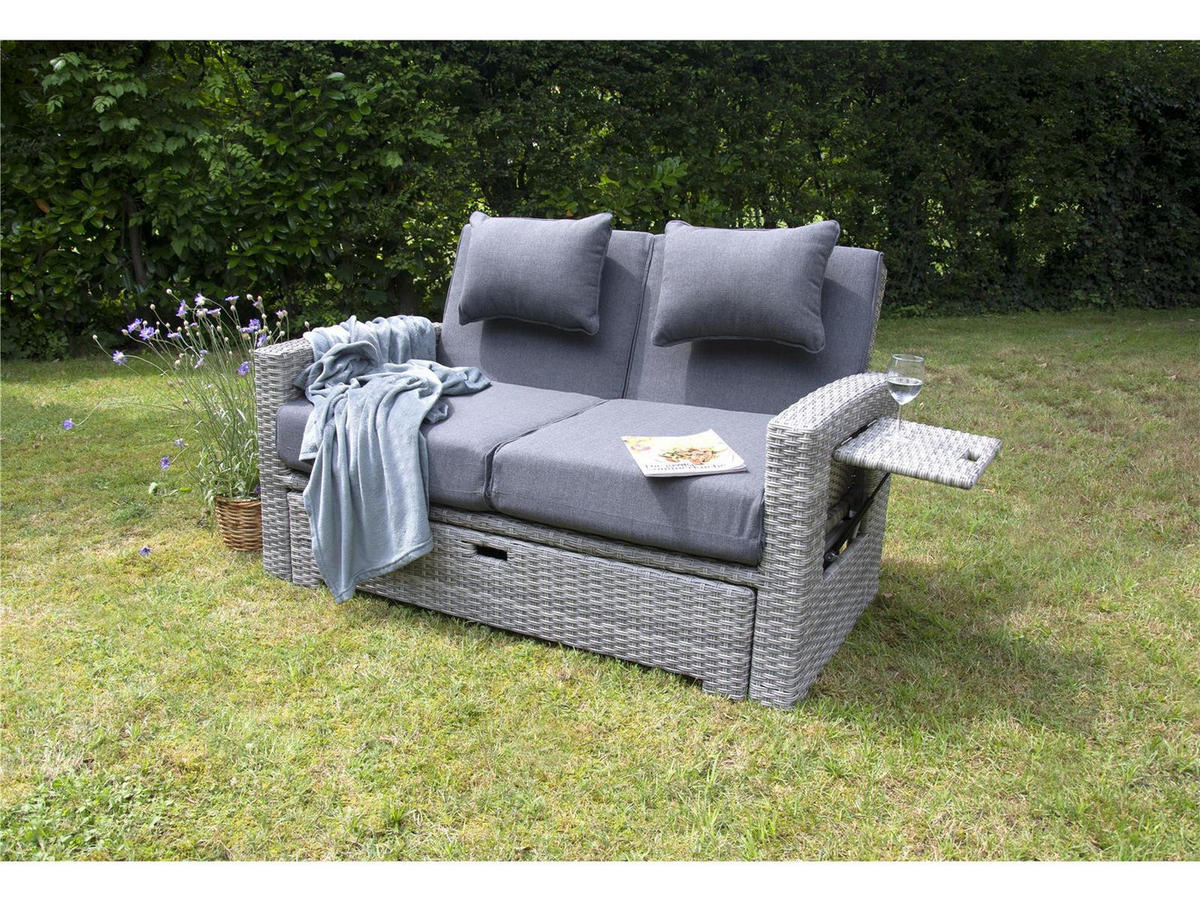 GARTEN-MULTIFUNKTIONSSOFA Begur Grau Polyrattan ausklappbar für 2 Personen - Grau, Naturmaterialien (80/86/156cm) - bellavista - Home & Garden