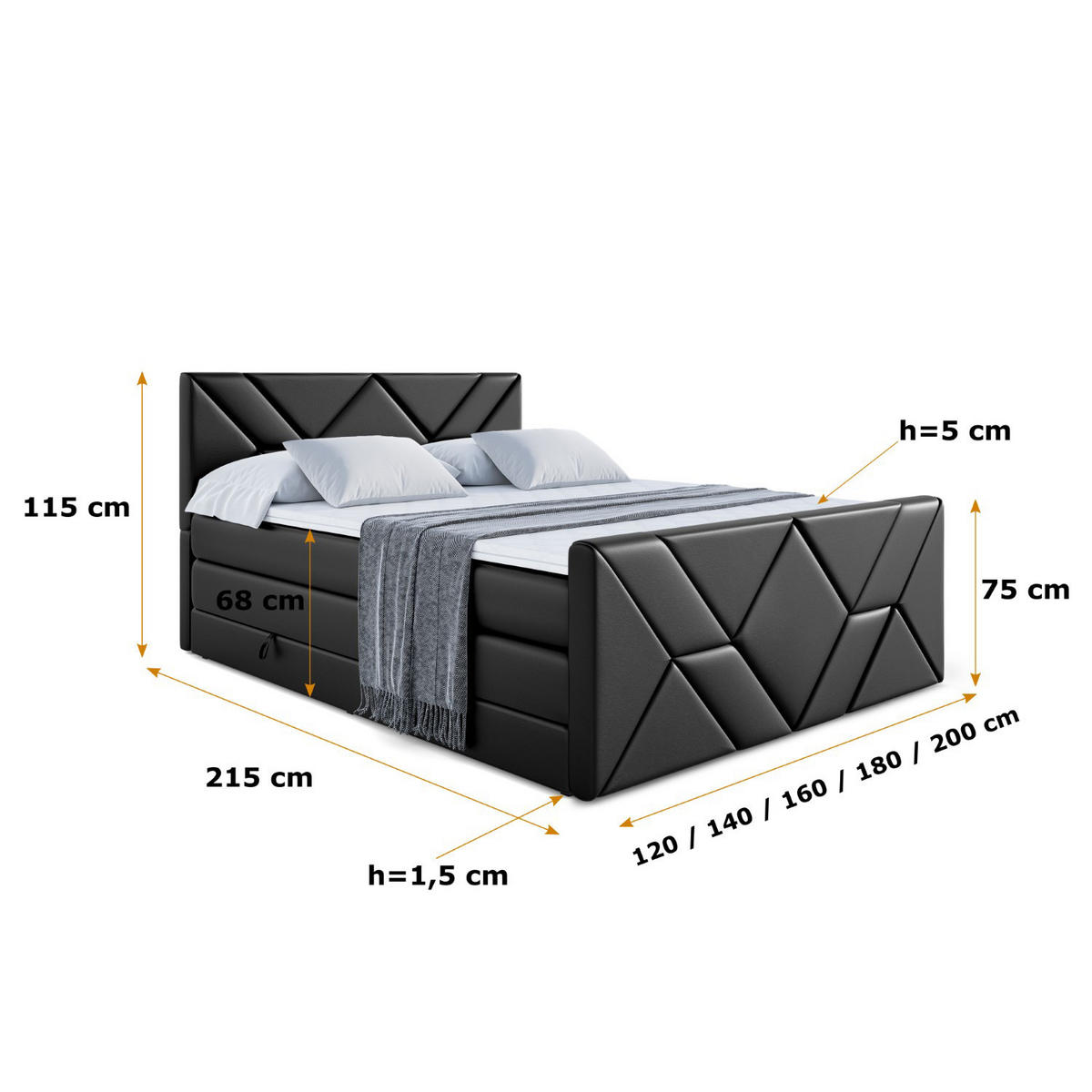 BOXSPRINGBETT BARWA-Z KING - 120x200 - H3/H4 - Schwarz Hochglanz - Schwarz Hochglanz, Holzwerkstoff (120/200cm) - ALTDECOR