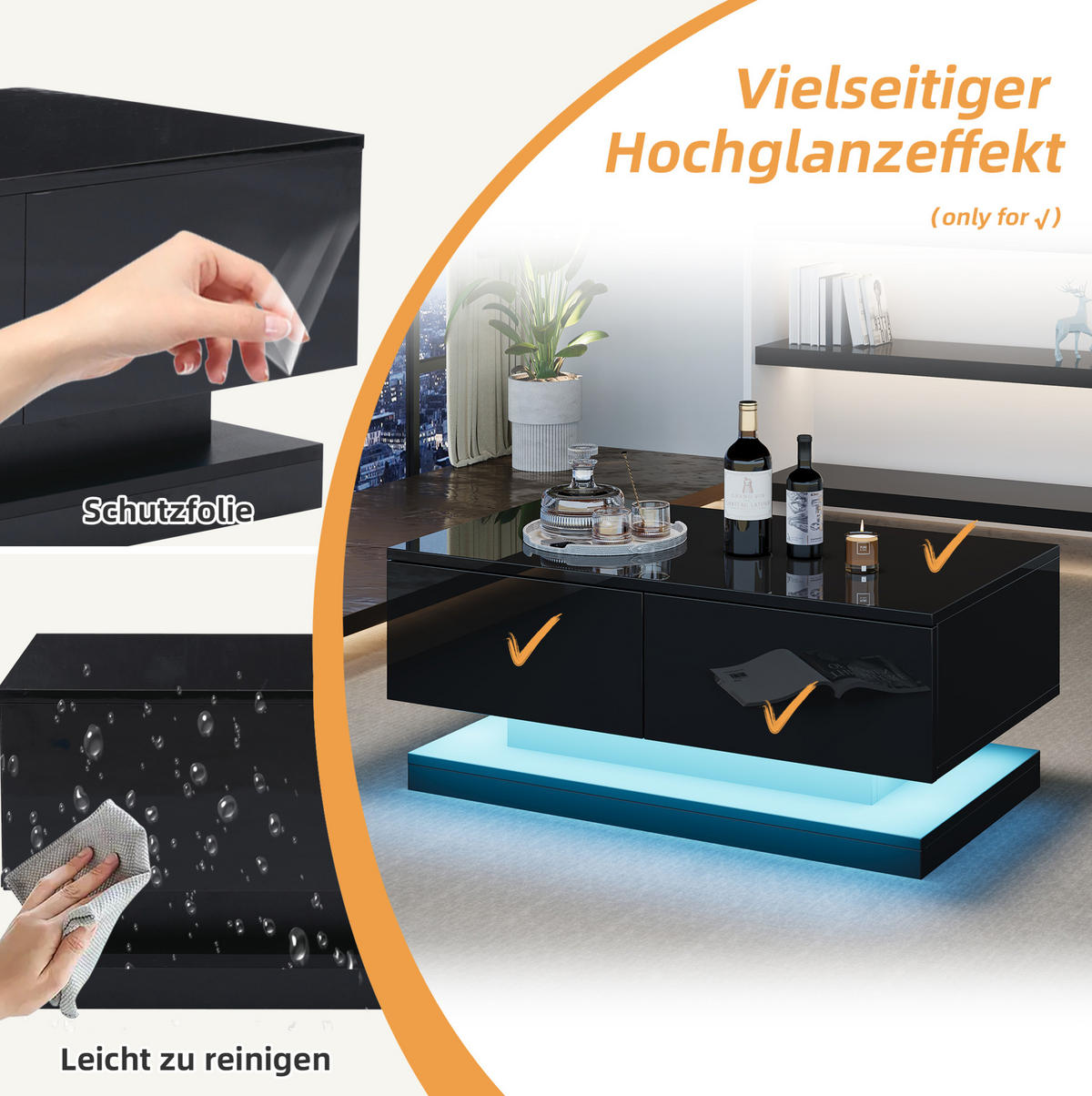 COUCHTISCH aus Spanplatte 90x50x38 cm in Schwarz mit 2 Schubladen & LED - Schwarz, Holzwerkstoff (90/50/38cm) - Modfu