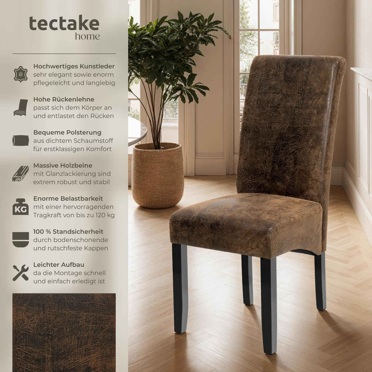 ESSZIMMERSTUHL 2er Set 44 x 63 x 106 cm antikbraun - Anthrazit/Braun, Textil (44/106/45cm) - tectake