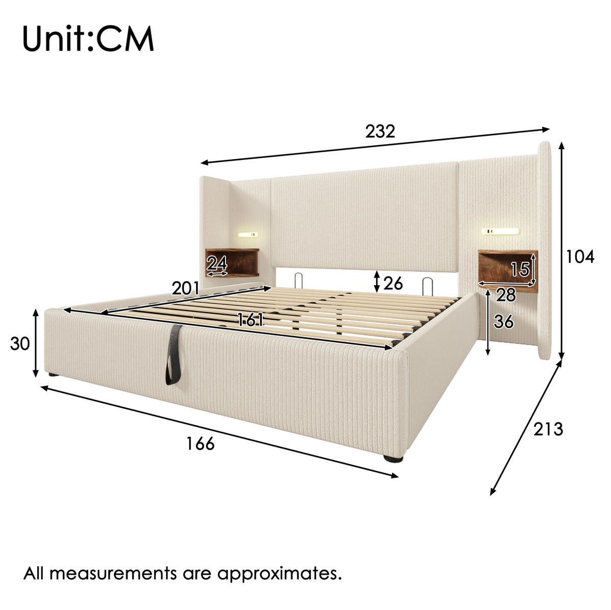 POLSTERBETT 160/200 cm Beige-Weiß aus Cordstoff mit Stauraum - Beige, Textil (160/200cm) - OKMYHOME