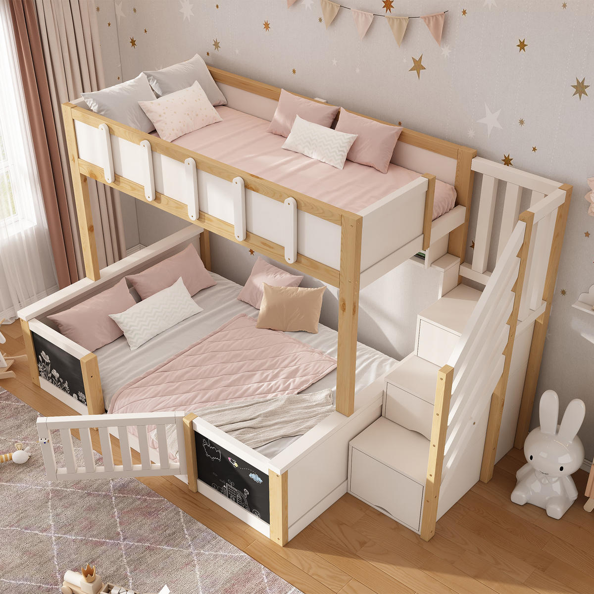 ETAGENBETT 90/140/200 cm mit Treppenschrank und Kreidetafel, DE-41558, in Weiß - Weiß, Holzwerkstoff (140/200cm) - ComfortXL