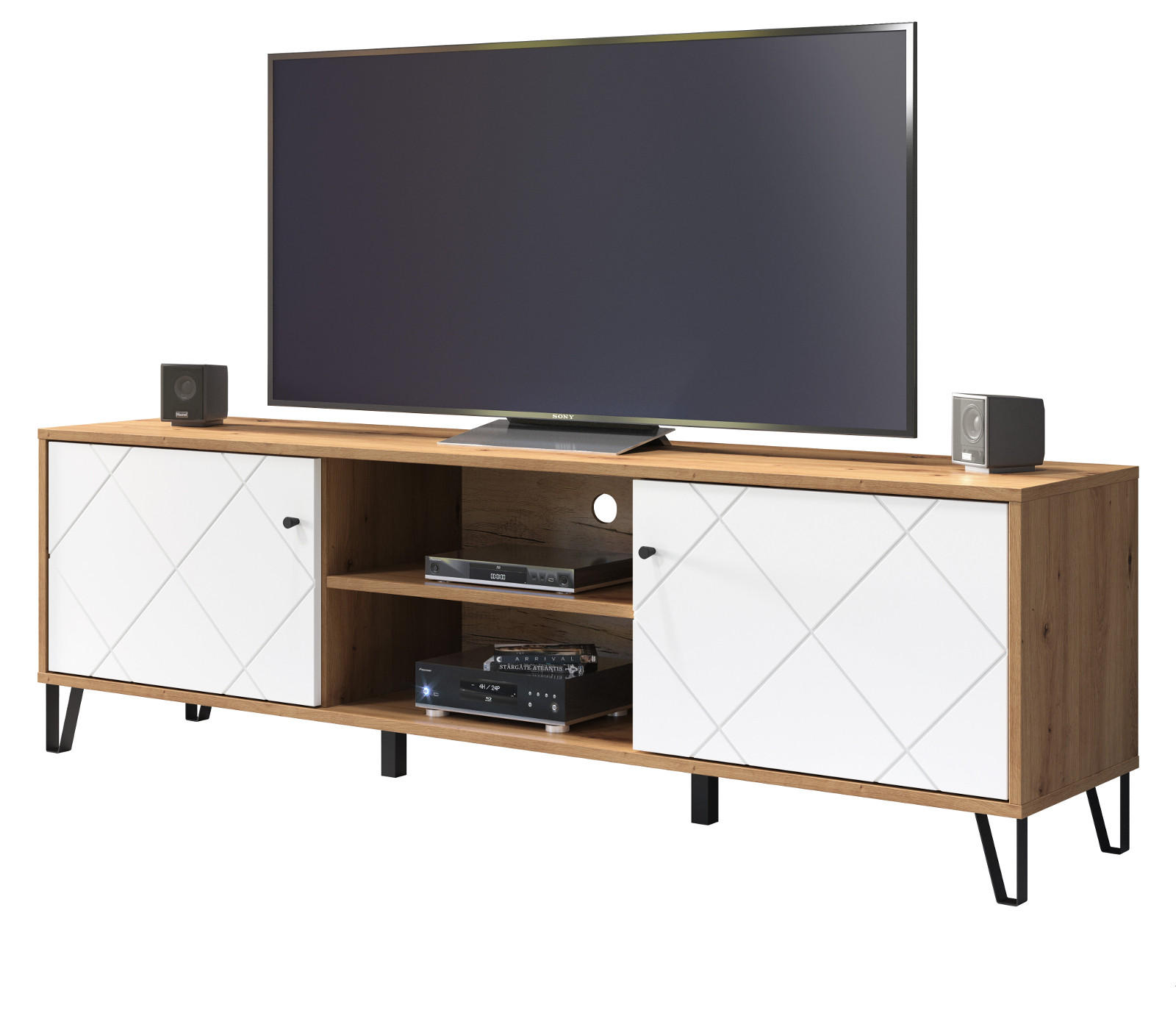 TV-LOWBOARD weiß matt, Eiche Artisan 183 cm,TV-Unterteil mit Soft-Close-Funktion - Eichefarben/Schwarz, Holzwerkstoff/Kunststoff (183/56/40cm) - Top.Furn