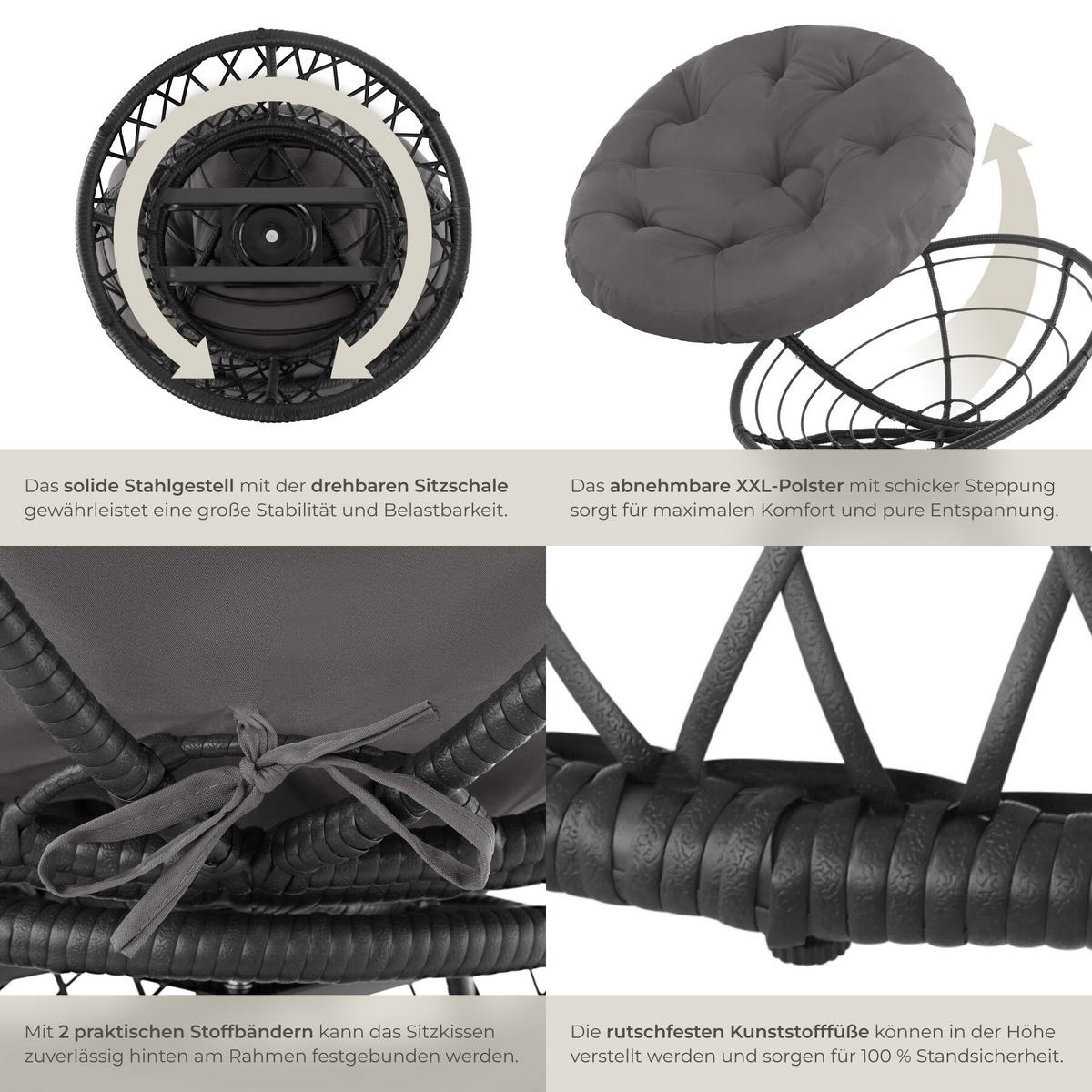 RATTANSESSEL Gargano, 92 x 80 x 80,5 cm, schwarz - Schwarz, Kunststoff (80/80.5/92cm) - tectake