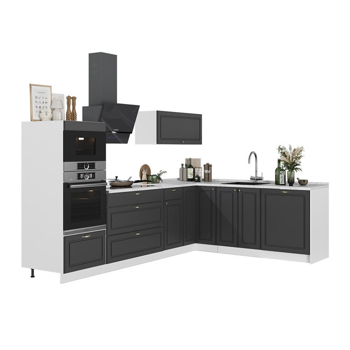 ECKKÜCHE Fame-Line, Anthrazit-Gold Landhaus/Weiß, 287 x 207 cm ohne Arbeitsplatte - Anthrazit/Weiß, Holzwerkstoff (287/153.6/51.6cm) - Vicco